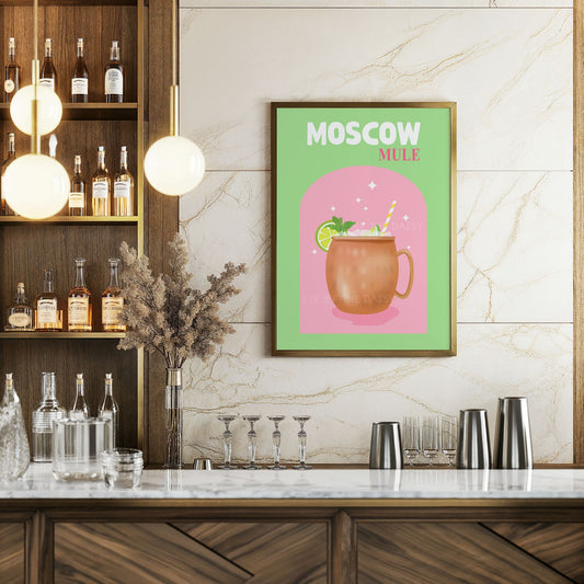 Moscow Mule cocktail printable wall art – vibrant retro drink print download, great for home bar decor or entertaining spaces