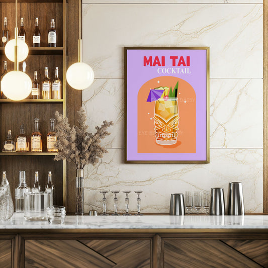 Mai Tai printable poster – retro cocktail downloadable art for Tiki home bar decor, instant download and DIY wall print