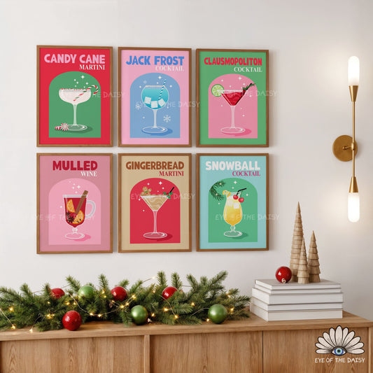 Set of 6 Christmas Cocktail Prints Digital Download | Retro Holiday Drink Printable Wall Art
