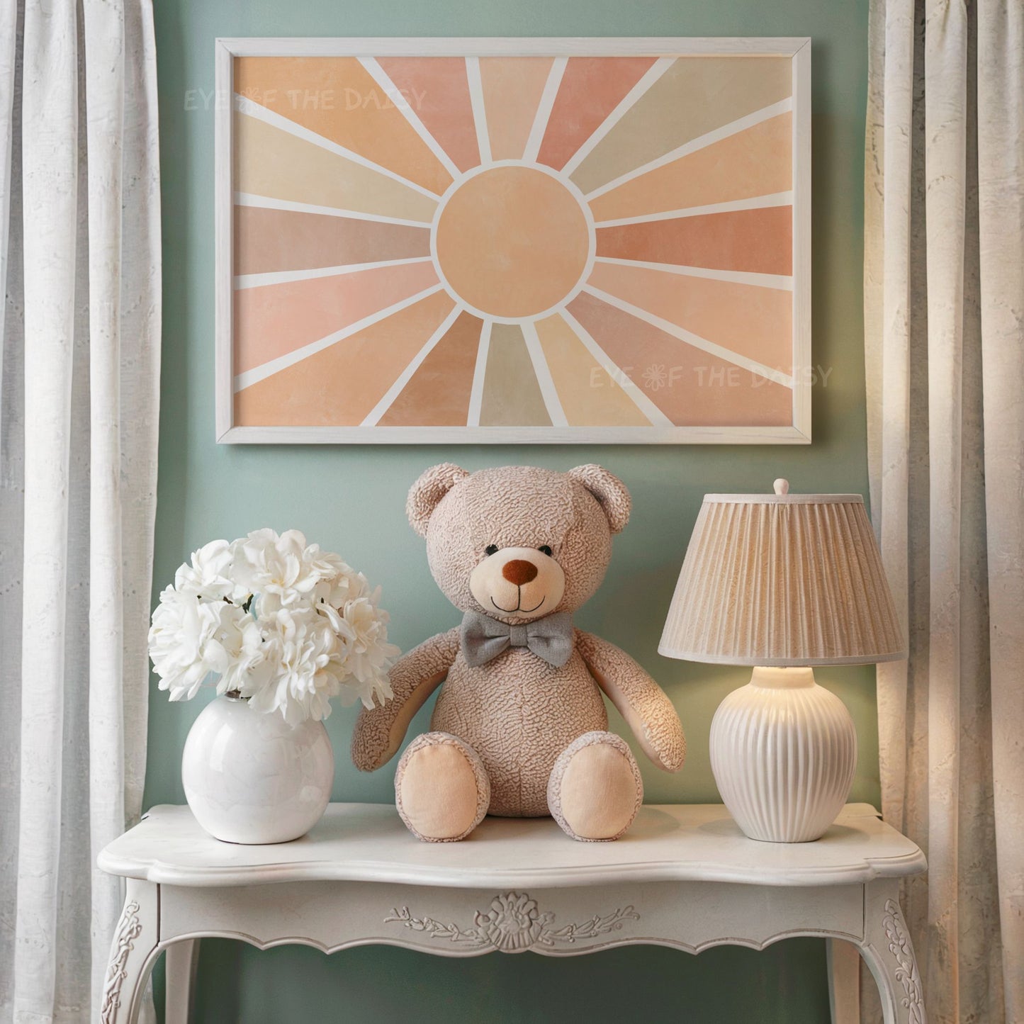 Cute boho sun print – warm neutral sunburst printable wall art, downloadable DIY decor for a gender-neutral nursery room