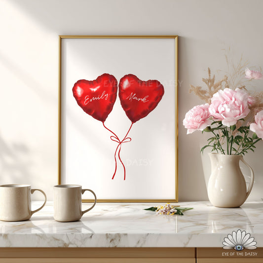 Custom couples printable wall art, red heart balloons, personalized anniversary gift or Valentine’s Day decor