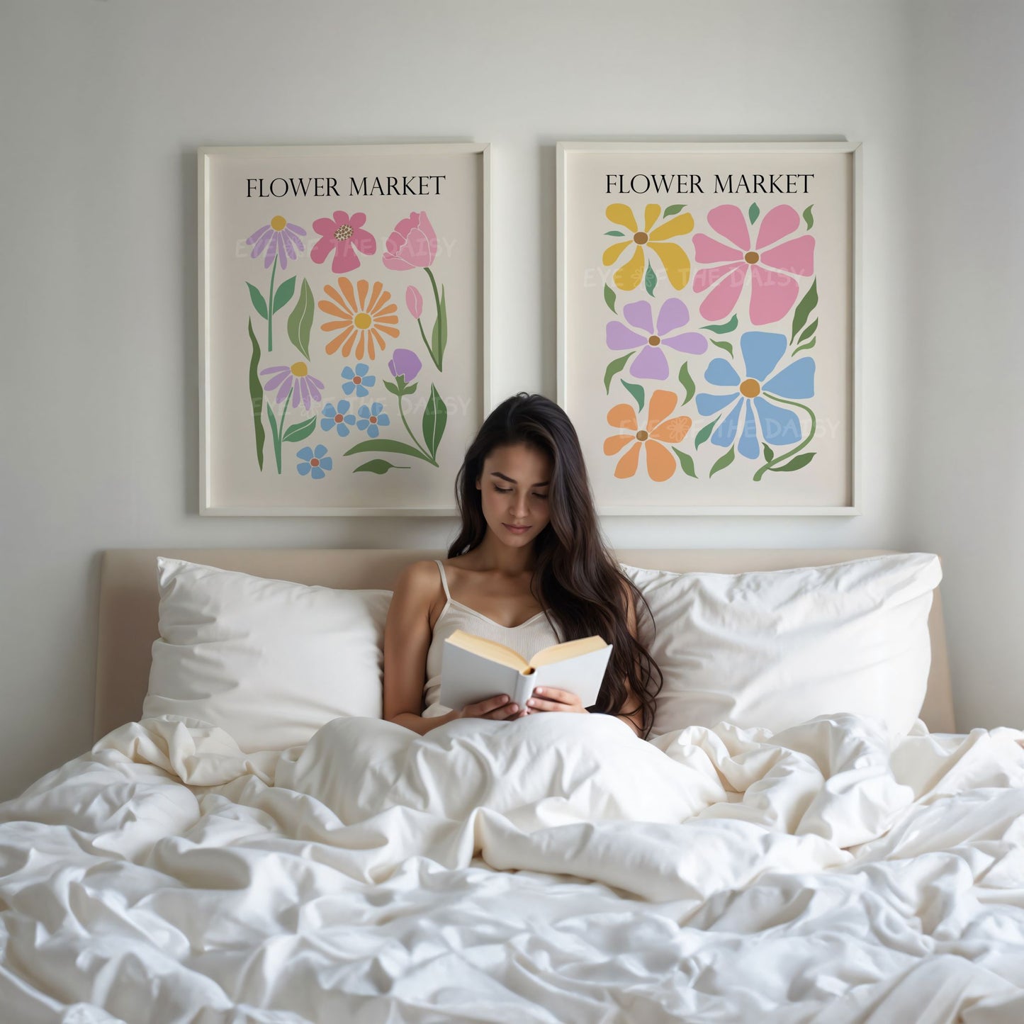 Pastel Flower Market print set – printable wall art trio in beige and rainbow tones, digital decor perfect for college dorm gallery wall