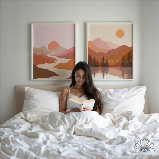 Minimal nature print set, boho landscape above bed decor
