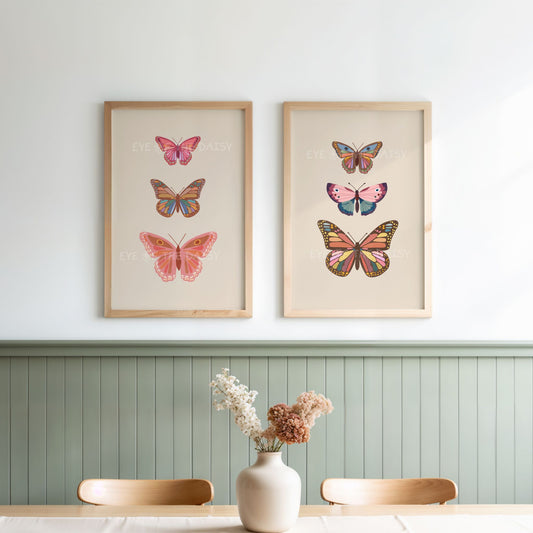 Two piece neutral tone boho butterfly wall art prints displayed in a kitchen, great for modern farmhouse decor