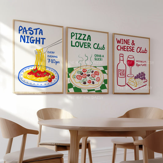 Dinner party food & drink poster set of 3 with 'Pasta Night', 'Pizza Lover Club', and 'Wine & Cheese Club' hand drawn foodie artwork