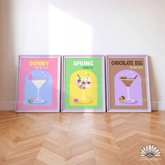 Easter cocktail party wall art set, Spring Spritz, Chocolate Egg Martini, Bunny Cocktail bar signs
