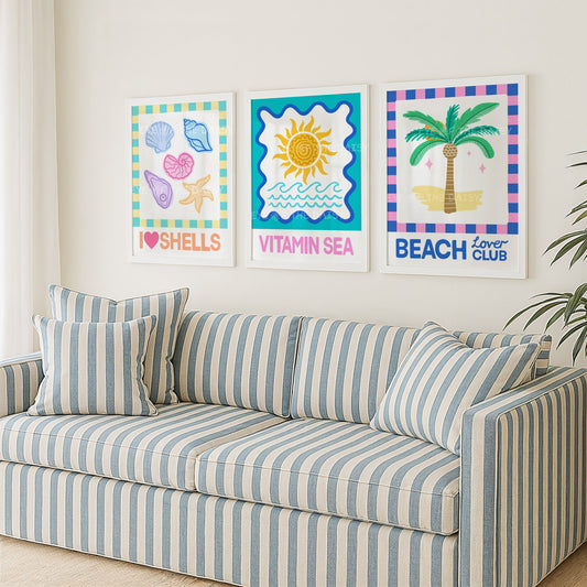 Beach house coastal print set of 3 – vibrant digital download trio, gallery wall printable art for summer vacation rental wall decor