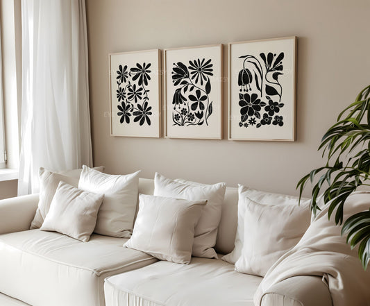 Neutral living room triptych wall art – modern minimalist floral print set of 3 in black and beige, boho chic printable wall decor download