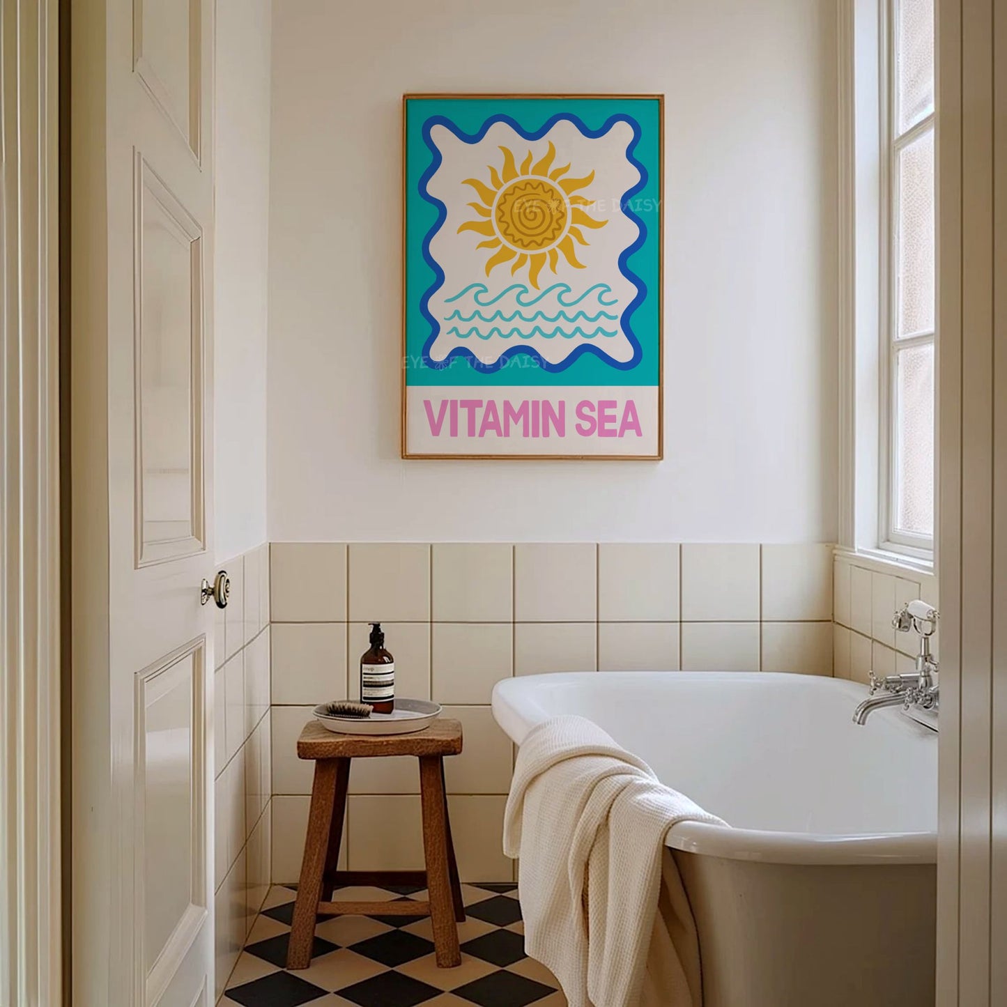 Colorful Vitamin Sea sun print in pink and turquoise – fun beachy wall art digital download, perfect for trendy bathroom poster decor
