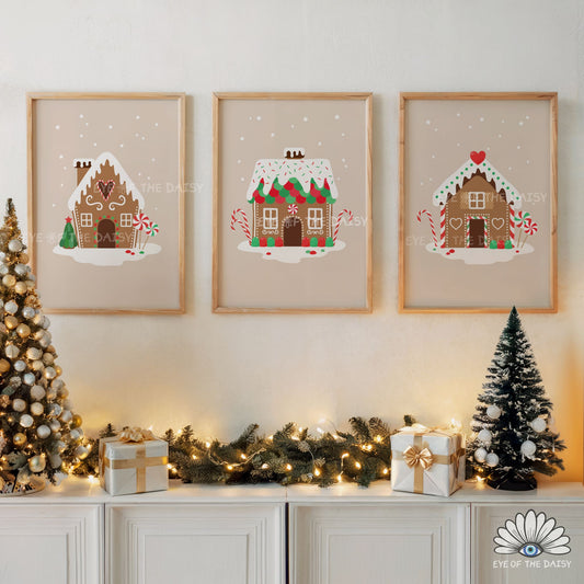 Set of 3 Gingerbread House Prints Digital Download | Traditional Christmas Printable Wall Art