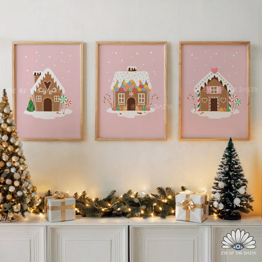 Set of 3 Gingerbread House Prints Digital Download | Pink Christmas Printable Wall Art