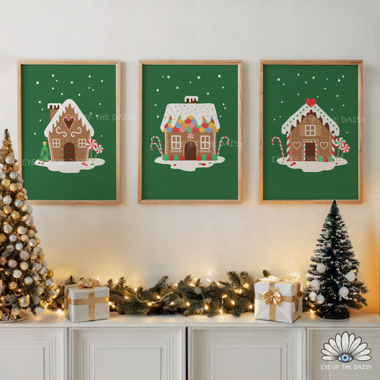 Set of 3 Gingerbread House Prints Digital Download | Vintage Christmas Printable Wall Art