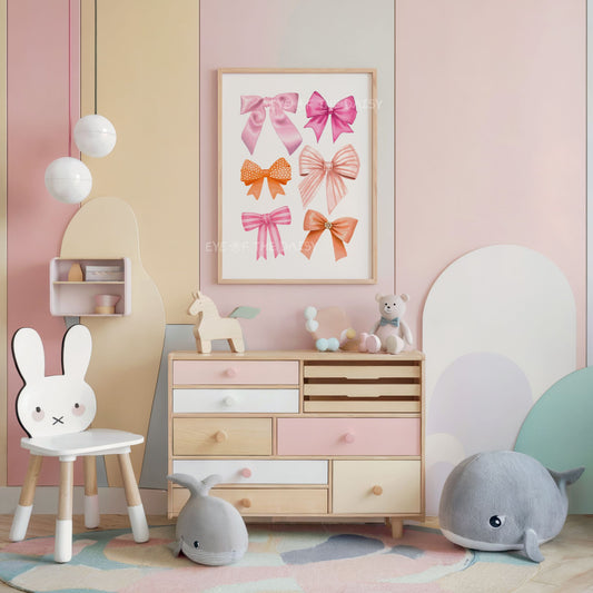 Coquette watercolor ribbons printable wall art of different pink and orange bows illustrations in a children's room