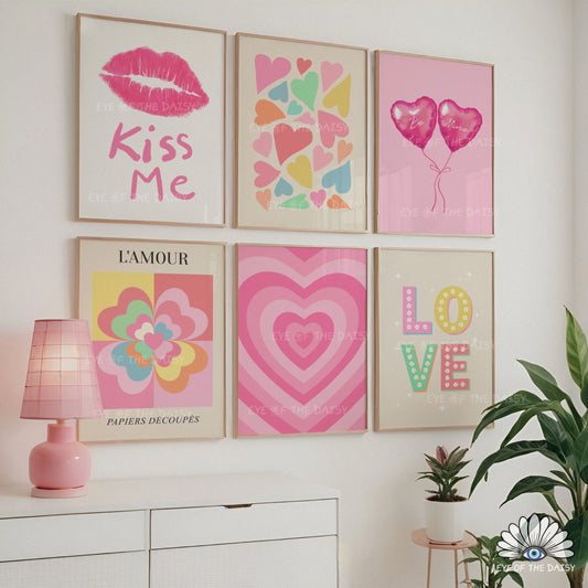 Valentine’s Day gallery wall set, hand drawn digital download, 6 pastel printable posters for dorm rooms, bedrooms, or modern preppy interiors, cute girly style