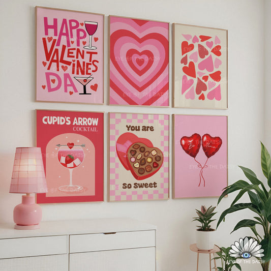 Red and pink Valentine’s poster bundle of 6 hand drawn prints, colorful printable wall art for trendy, eclectic, preppy, dopamine-inspired rooms
