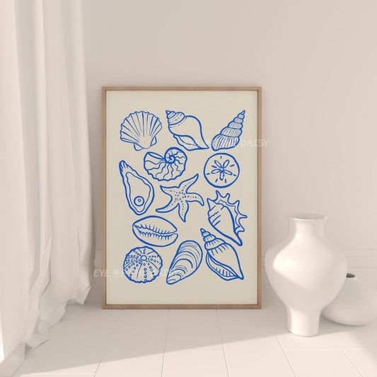 Trendy blue shells print digital download with hand drawn sketch of different types of shells on beige