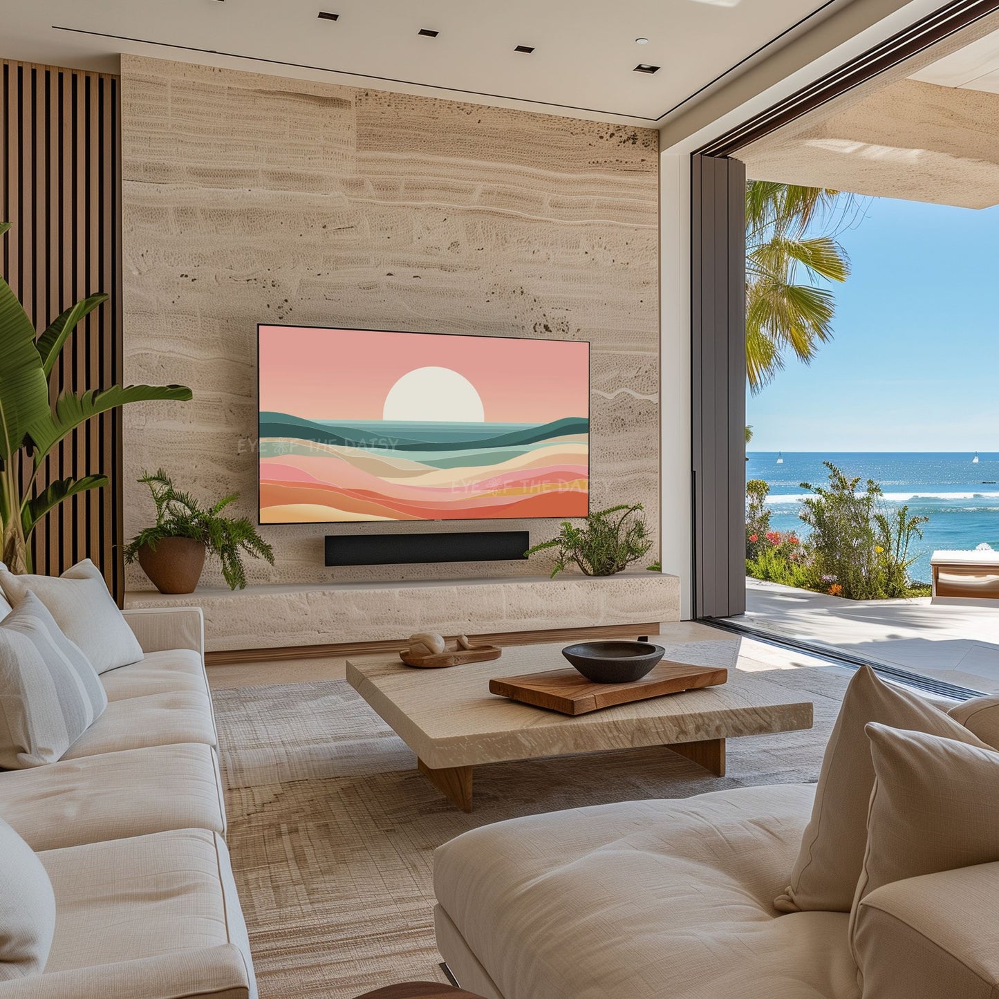 Pink Orange Teal Minimal Sea Sunset 4K TV Art | Mid Century Modern Coastal TV Art 4K