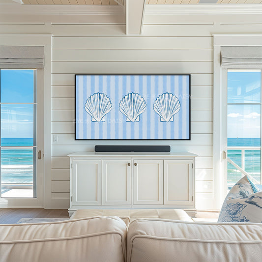 Striped Blue Shells 4K TV Art | Pale Blue Hamptons Coastal 4K Art for TV Screen