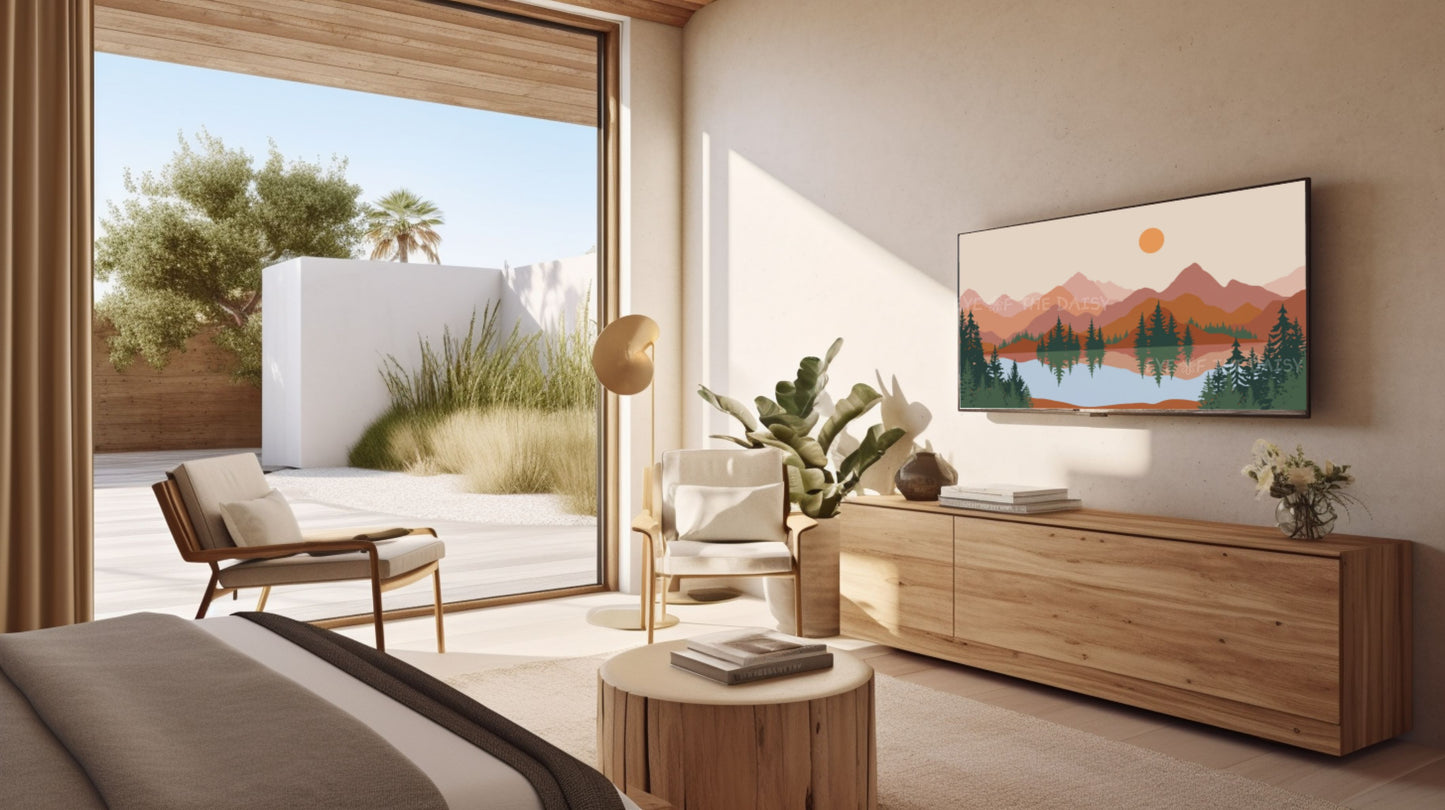 Boho Abstract Landscape 4K TV Art | Mid Century Modern Mountains Lake 4K TV Art