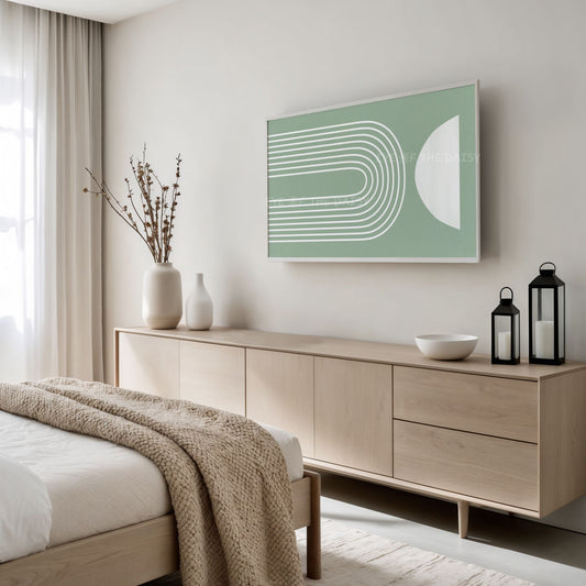 Sage Green Mid Century Modern 4K TV Art | Sage Green Minimal Arch Art for TV Screen