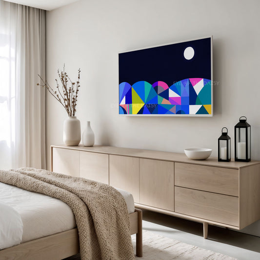 Navy Blue & Colourful Abstract Moonlit Landscape 4K TV Art | Geometric Art for TV Screen