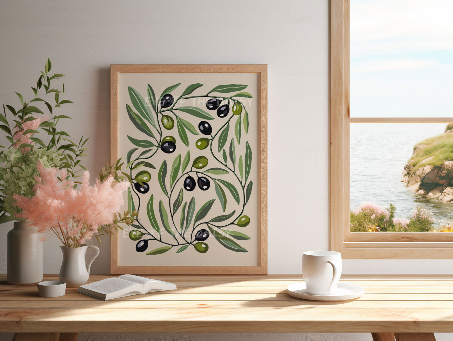 Printable olive tree art – winding green leaves on beige, modern Mediterranean wall decor for beach rental