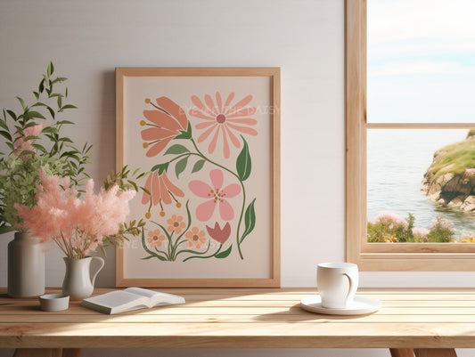 Minimalist blush flower printable wall art – abstract botanical poster in neutral earthy tones, digital download for calm home office