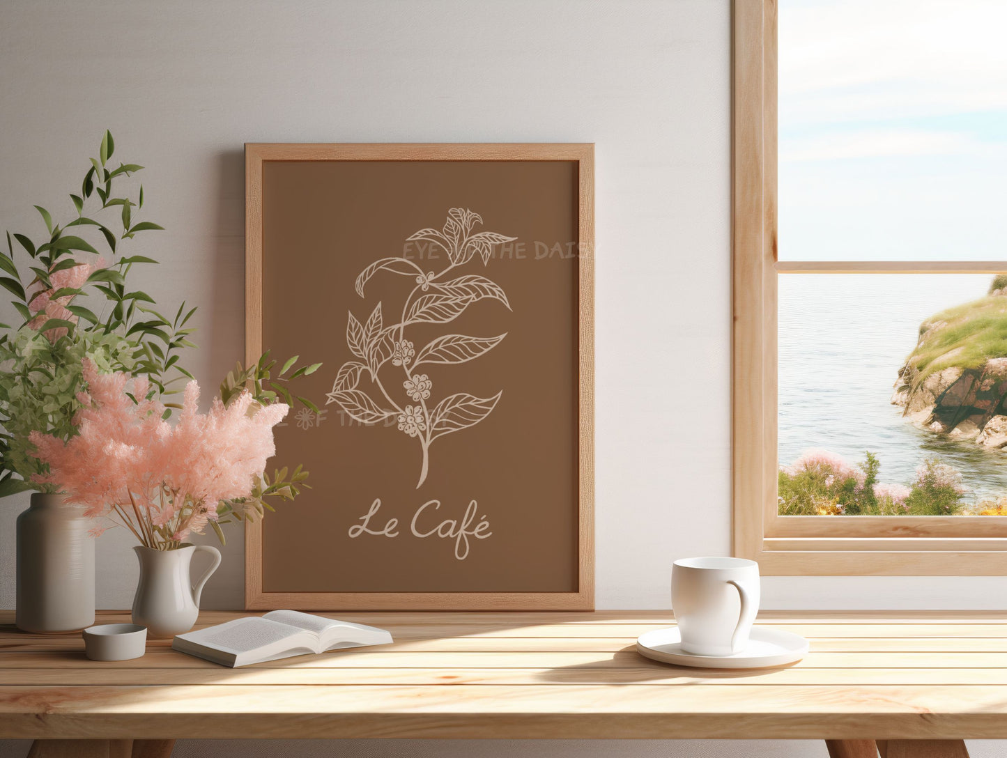 French style coffee plant printable wall art, beige neutral print for dining or office
