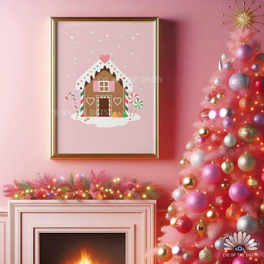 Christmas Gingerbread House Print Digital Download | Pink Holiday Printable Wall Art
