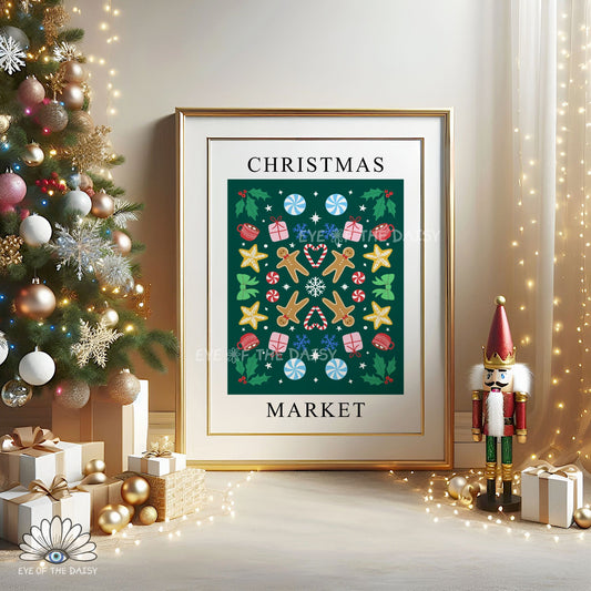 Christmas Market Digital Art Print | Nordic Folk Art Holiday Decor | Printable Wall Art