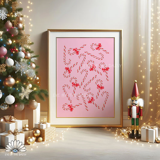 Pink Red Bows Candy Canes Print Download | Cute Whimsical Christmas Printable Wall Art