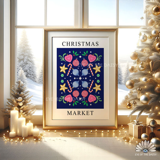 Christmas Market Digital Art Print | Nordic Folk Art Holiday Decor | Printable Wall Art
