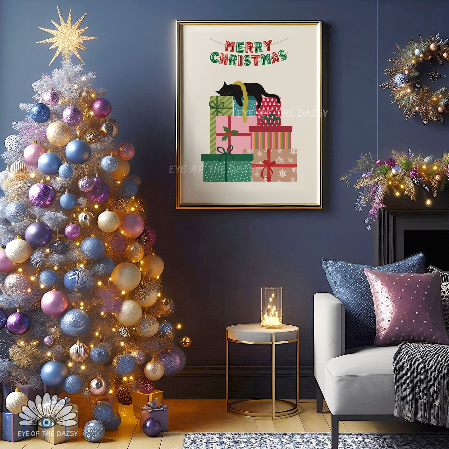 Sleeping Black Cat Print Digital Download | Cute Whimsical Christmas Printable Wall Art