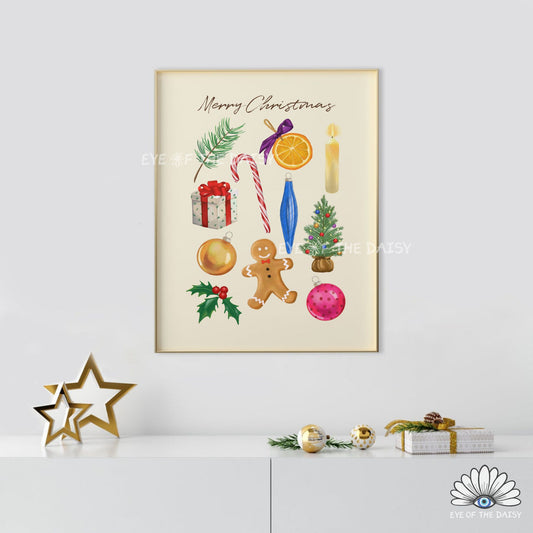Christmas Watercolour Illustrations Print Download | Colourful Classic Holiday Printable Wall Art