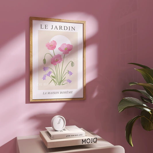 Le Jardin poster – soft pastel botanical print, downloadable DIY decor perfect for a modern boho or French-style living room