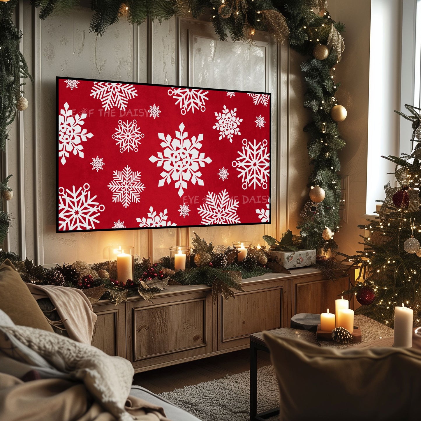 Red White Snowflakes Christmas 4K TV Art | Traditional Holiday TV Artwork 4K