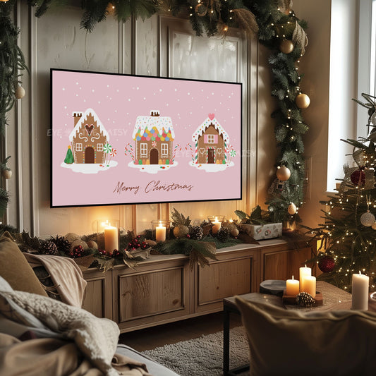 Pastel Pink Christmas Phrase 4K TV Art | Holiday Gingerbread Houses 4K Art for TV Screen