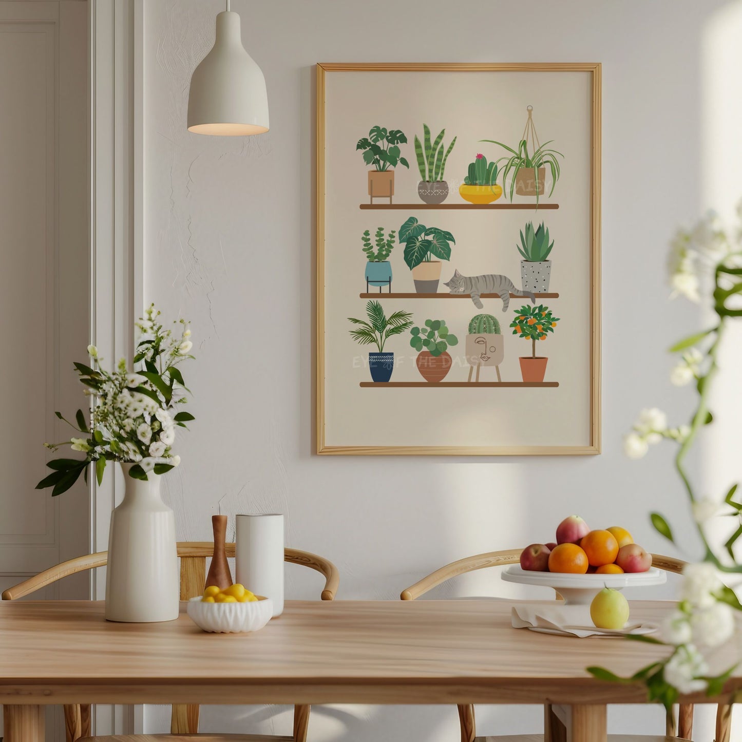 Tabby cat and plant shelf print – colourful digital wall art for kitchen decor, printable boho botanical poster