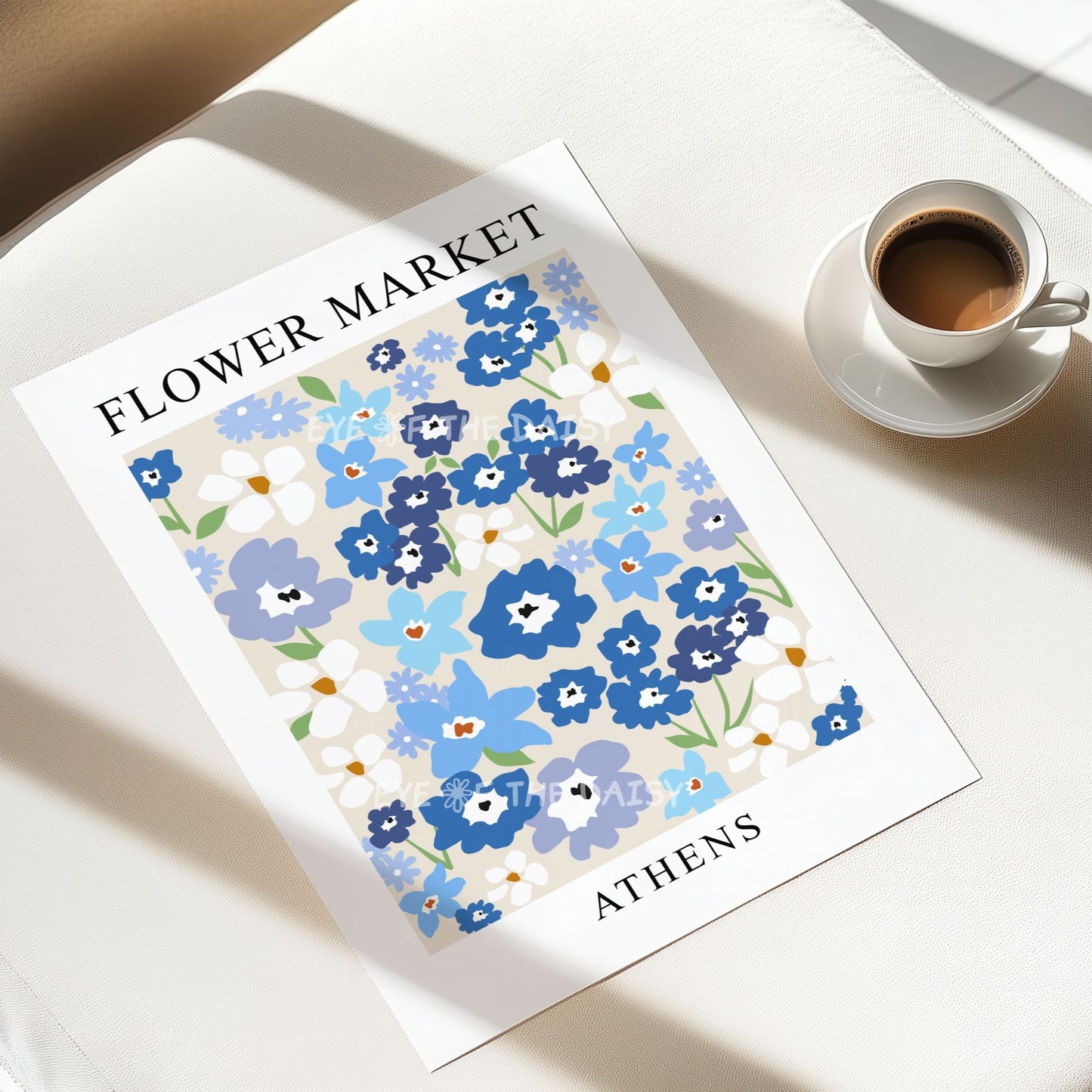 Modern flower market poster printable — blue abstract floral art print digital download, ideal Scandinavian dining room wall decor
