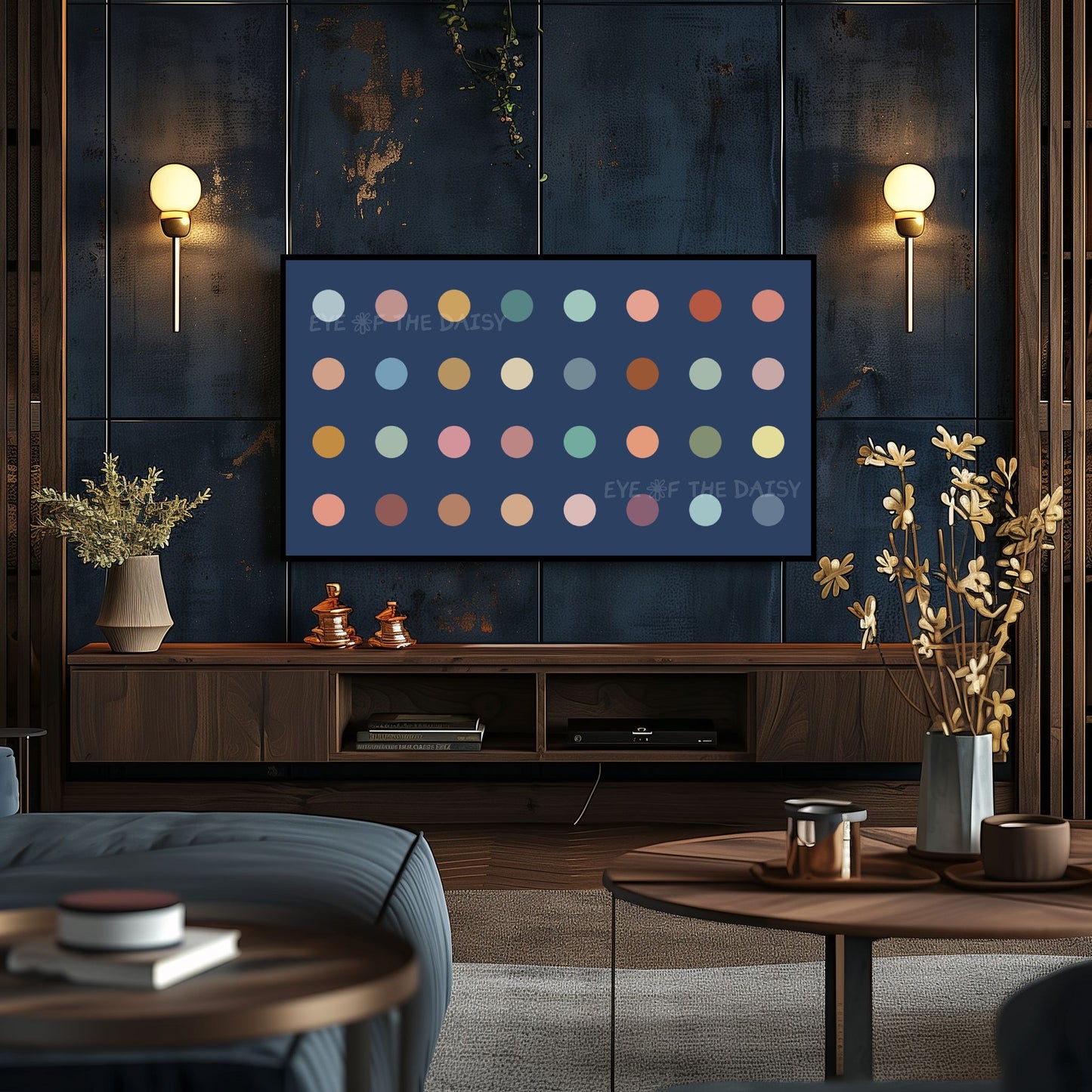 Navy Blue & Pastel Polkadot 4K TV Art | Minimal Colourful Art for TV Screen 4K