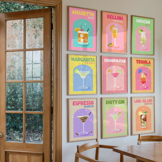 Gallery wall set of 9 trendy retro cocktail posters in vibrant colours with text, classic cocktail printable wall art for modern kitchen decor