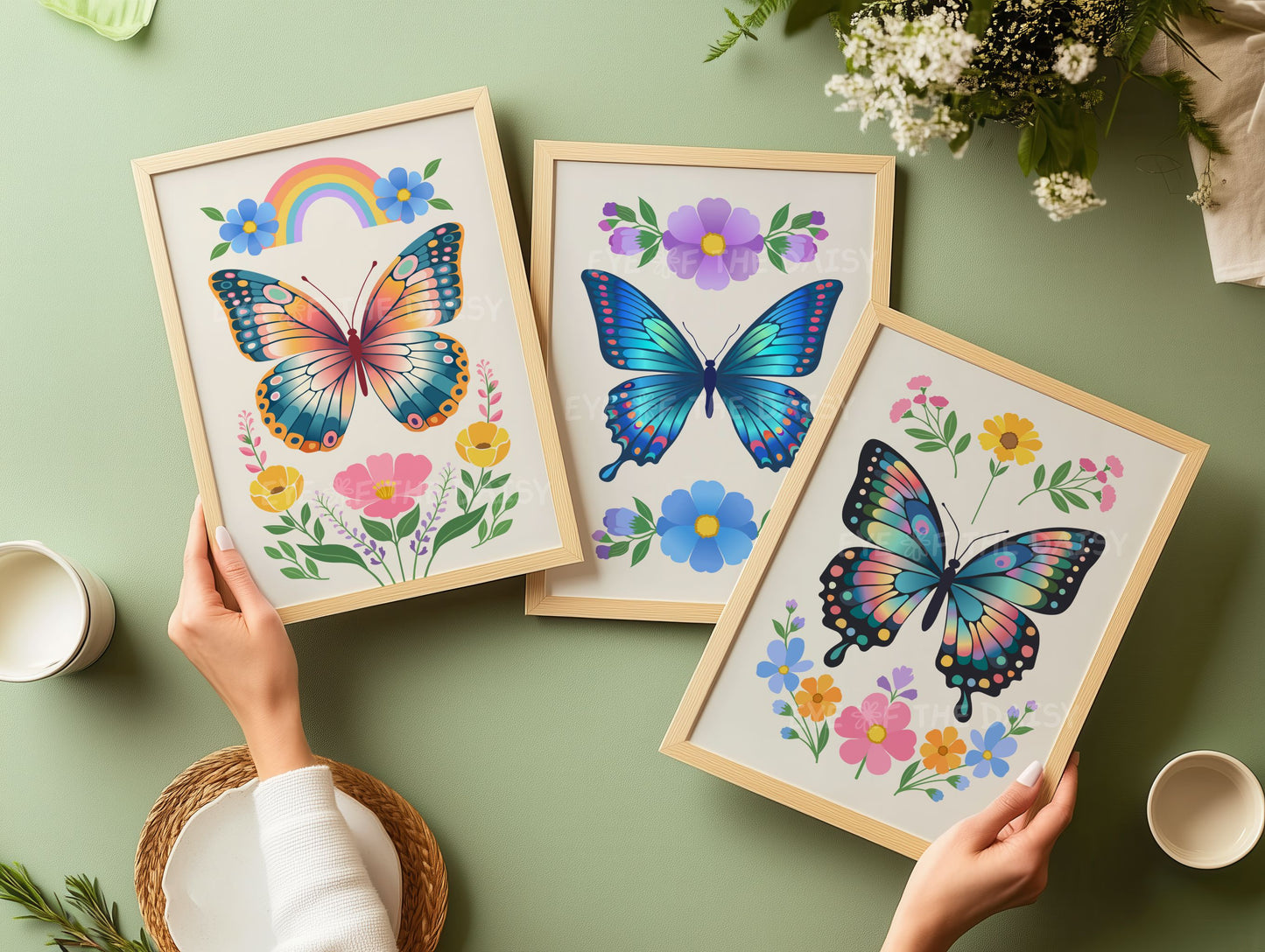Set of three colourful folk art illustrations of butterflies and flowers with beige backgrounds - great as nursery wall art