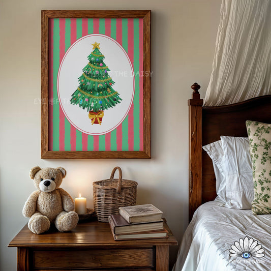 Striped Christmas Tree Print Digital Download | Vintage Holiday Printable Wall Art