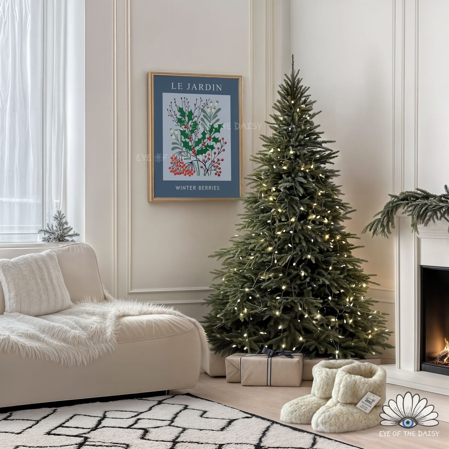 Navy Blue Winter Berries Print Digital Download | Vintage Winter Botanical Printable Wall Art