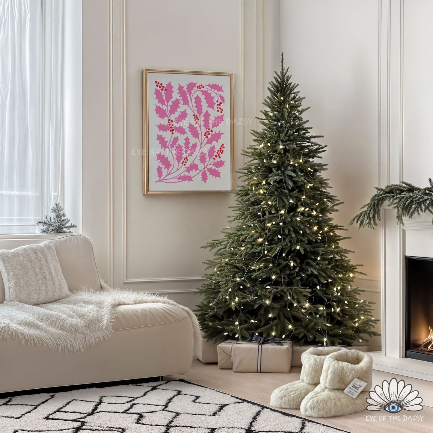 Pink Abstract Holly Print Download | Vibrant Modern Christmas Printable Wall Art