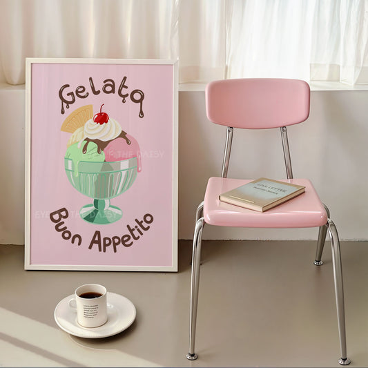 'Gelato Buon Appetito' poster of a pastel ice cream sundae on pink, lovely Italian foodie print for a dopamine kitchen