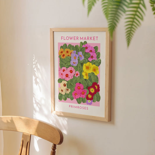 Primrose Flower Market print with hand-drawn colourful flowers in pink, red, purple, orange, and green – modern Scandi floral illustration