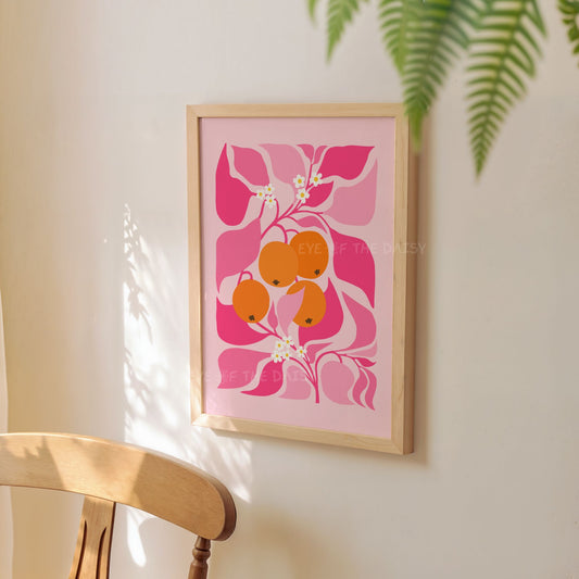 Abstract orange tree printable poster with intertwining leaves – fun dopamine decor illustration in hot pink and orange on pale pink background