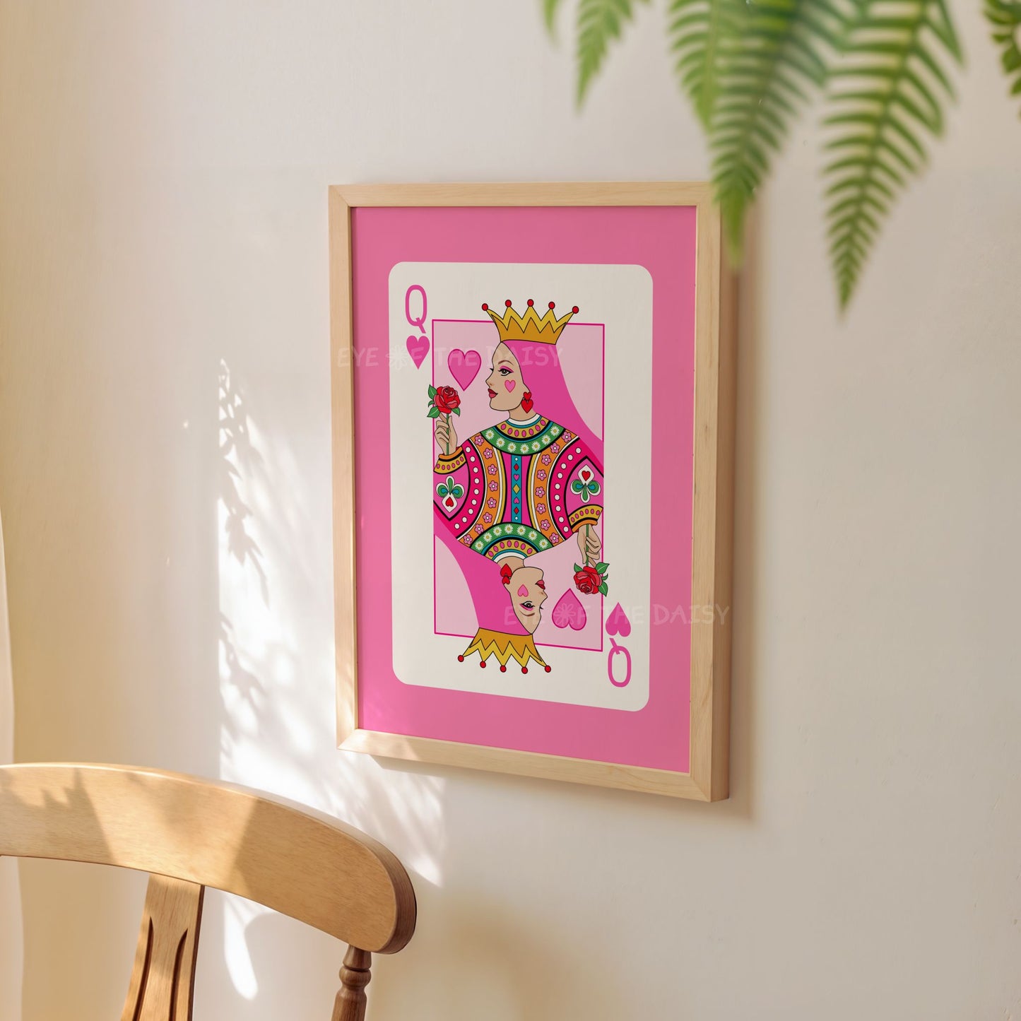 Queen of Hearts printable wall art – funky hot pink card design, digital poster for bedroom, apartment, or gallery wall