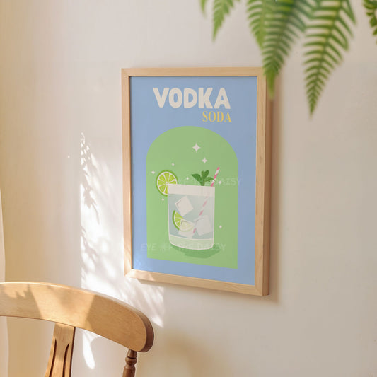 Funky Vodka Soda cocktail digital art print – vibrant retro poster printable, ideal for dinner party wall decor and instant download